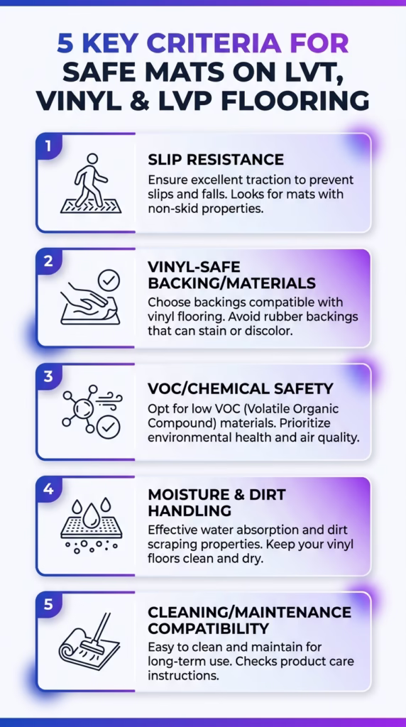 5 Key Steps to choosing safe mats for LVT Vinyl Floors Infographic
