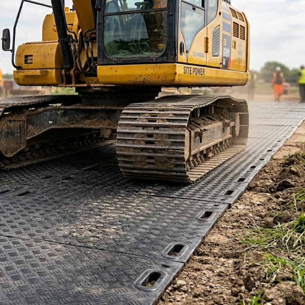 Heavy plant digger on ground protection mat