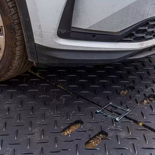 GSC-GroundShield-Connector-4-Way-Galvanised-in-use-with-car GroundShield Ground Protection Mats Connectors 4 Way Galvanised Connector in use with car